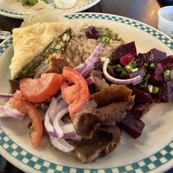 Opa Grill - Greek landing (Gyro meat, spanakopita, skordalia, red beets, pita) this was DELICIOUS except for the skordalia was not my fave - Greek Near Me - Parker, Colorado