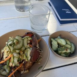 Cucumber Salad and ahi tuna + crispy rice bowl
