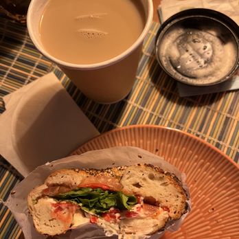 Modern Bread and Bagel - London fog (I had to add another teabag + more milk to it). Everything bagel sandwich with cream cheese, tomato, arugula, and pickled onion - Breakfast & Brunch Near Me - New York, New York Modern Bread and Bagel - London fog (I had to add another teabag + more milk to it). Everything bagel sandwich with cream cheese, tomato, arugula, and pickled onion - Breakfast & Brunch Near Me - New York, New York