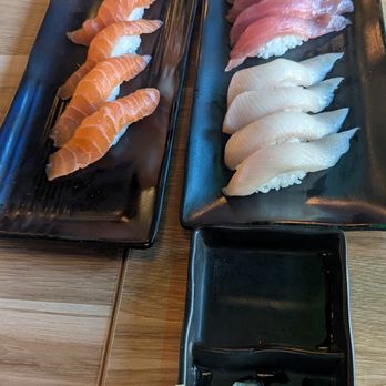 Sushi Ichiban - left: salmon nigiri, right: tuna and maybe yellowtail - Sushi Bars Near Me - Las Vegas, Nevada Sushi Ichiban - left: salmon nigiri, right: tuna and maybe yellowtail - Sushi Bars Near Me - Las Vegas, Nevada
