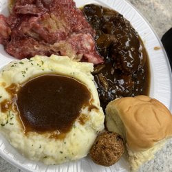 Food City - Steak and gravy, mashed potatoes and some cherry cobbler from the hot bar.