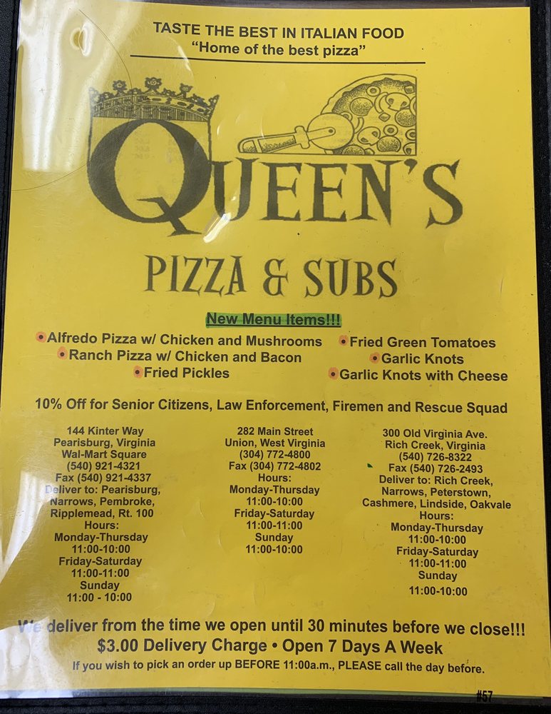 QUEEN’S PIZZA & SUBS 12 Reviews Pizza 144 Kinter Way, Pearisburg