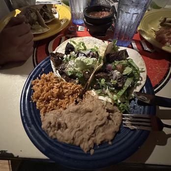 Pedro's - Carne asada tacos with beans and rice. - Mexican Near Me - Kennebunk, Maine