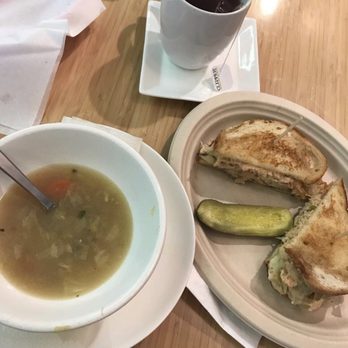 Globe Deli - German Chicken Soup, Turkey Ruben sandwich on sour dough, and strawberry herbal tea. - Delis Near Me - Costa Mesa, California