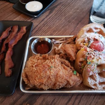 Taste Bar + Kitchen - Fruit loops waffles and chicken with a side of bacon - Cocktail Bars Near Me - Houston, Texas Taste Bar + Kitchen - Fruit loops waffles and chicken with a side of bacon - Cocktail Bars Near Me - Houston, Texas
