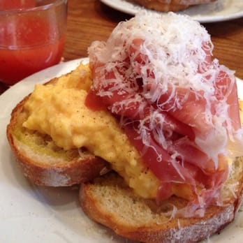 Buvette - Scrambled eggs with prosciutto and grated Parmesan over two pieces of toast/baguette. Small, but delicious - French Near Me - New York, New York Buvette - Scrambled eggs with prosciutto and grated Parmesan over two pieces of toast/baguette. Small, but delicious - French Near Me - New York, New York
