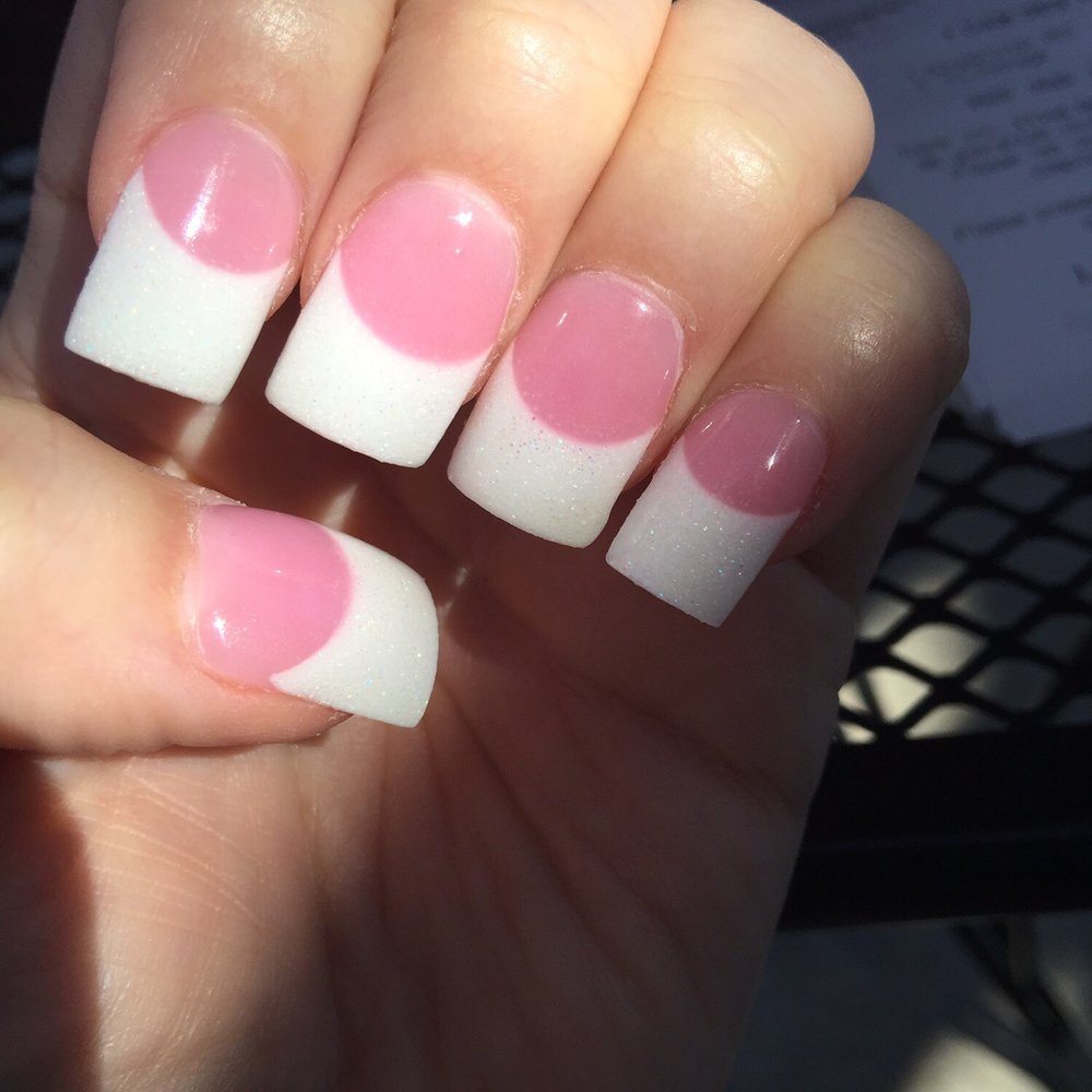 Nails Chateau - Pink and white acrylics (glitter white and medium pink powder) done by Miley - Nail Salons Near Me - Elk Grove, California Nails Chateau - Pink and white acrylics (glitter white and medium pink powder) done by Miley - Nail Salons Near Me - Elk Grove, California