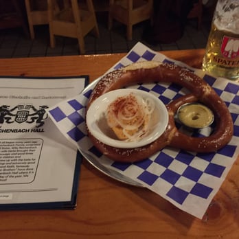 Reichenbach Hall - Bavarian pretzel with mustard and the cheese dip - Bars Near Me - New York, New York Reichenbach Hall - Bavarian pretzel with mustard and the cheese dip - Bars Near Me - New York, New York