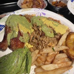 Rice, French fries, Arroz Chaufa, Sweet Plantains and 1/2 Chicken Combo
