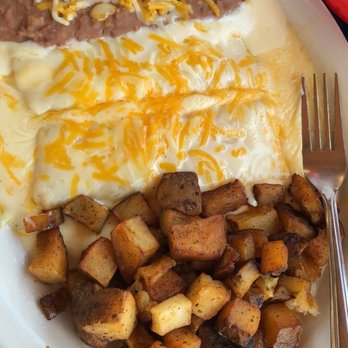 Fuzzy's Taco Shop - Enchilada Dinner Plate with Refried Beans and Latin Fried Potatoes - Breakfast & Brunch Near Me - Carrollton, Texas