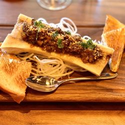 Beef marrow (oxtail truffle, crispy shiso & toasted challah)