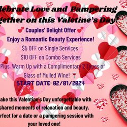 Elegance Nail and Spa - Make this Valentine's Day unforgettable with shared moments of relaxation and beauty. We will serve Couple's Delight Offer with mulled wine.