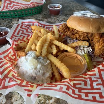 Byrd's Hot Chicken - Sandwich Combo, potato salad and Large Fries - Chicken Shop Near Me - Schererville, Indiana