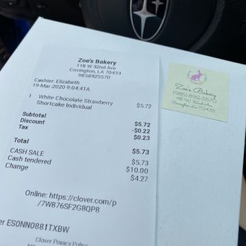 Zoe's Bakery - Receipt - Bakeries Near Me - Covington, Louisiana