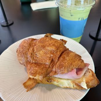 Cafe Hagen - Ham and Cheese Croissant Sandwich with Sweet Matcha Latte - Coffee & Tea Near Me - Bellevue, Washington
