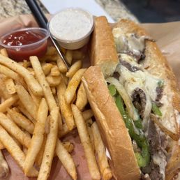 Philly cheesesteak on baguette