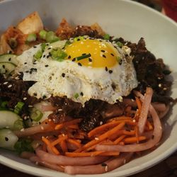 Food and Beer - Rosemary District - Korean Beef Bowl - winter specials menu??)   marinated beef, kim chi, sticky rice, pickled and assorted veggies, sunny side up egg.