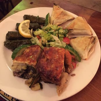 Empires - The three meze dish with: dolma, lamb musakka, and muska borek. This platter also came with bread and a small salad. - Turkish Near Me - Edinburgh, EDH
