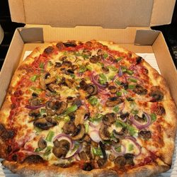 Our Family Pizzeria - Pizza with cheese, mushrooms, green peppers and onions.
