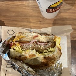 Sunrise Bagel & Espresso - The Works with Everything Begal and Latte