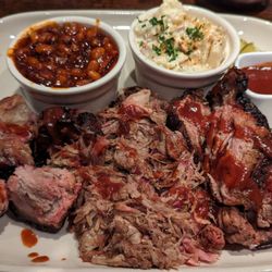Beef and pork burnt ends, pulled pork, baked beans, and potato salad.