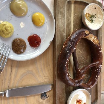 Wursthall - Mustard samples, pretzel + bier queso $1.50 - German Near Me - San Mateo, California