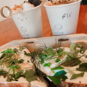 Sticks Coffee - Ricotta + Egg Toast  Happy Camper  Sticks Latte - Coffee & Tea Near Me - Mariposa, California