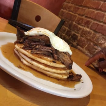 The Peach Cafe - I had the Bar BQ Pull Pork Pancake stack The meal was to die for. The Pull Pork was the most juicy and tenderest Pork ever. - New American Near Me - Monrovia, California