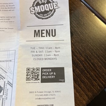 Smoque BBQ - Front of menu April 2023 - Barbeque Near Me - Chicago, Illinois Smoque BBQ - Front of menu April 2023 - Barbeque Near Me - Chicago, Illinois