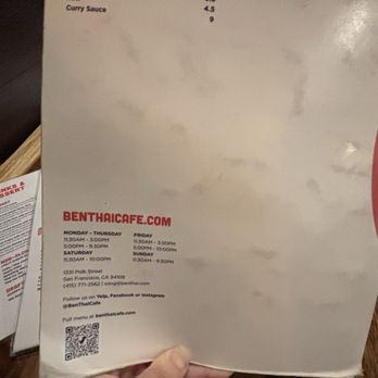 Ben Thai Cafe - Menu 08/2025 - Thai Near Me - San Francisco, California