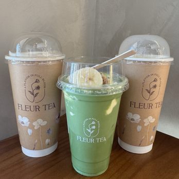 Fleur Tea - left to right: fleur oolong milk tea, matchanana, creamy black milk tea - Bubble Tea Near Me - San Jose, California