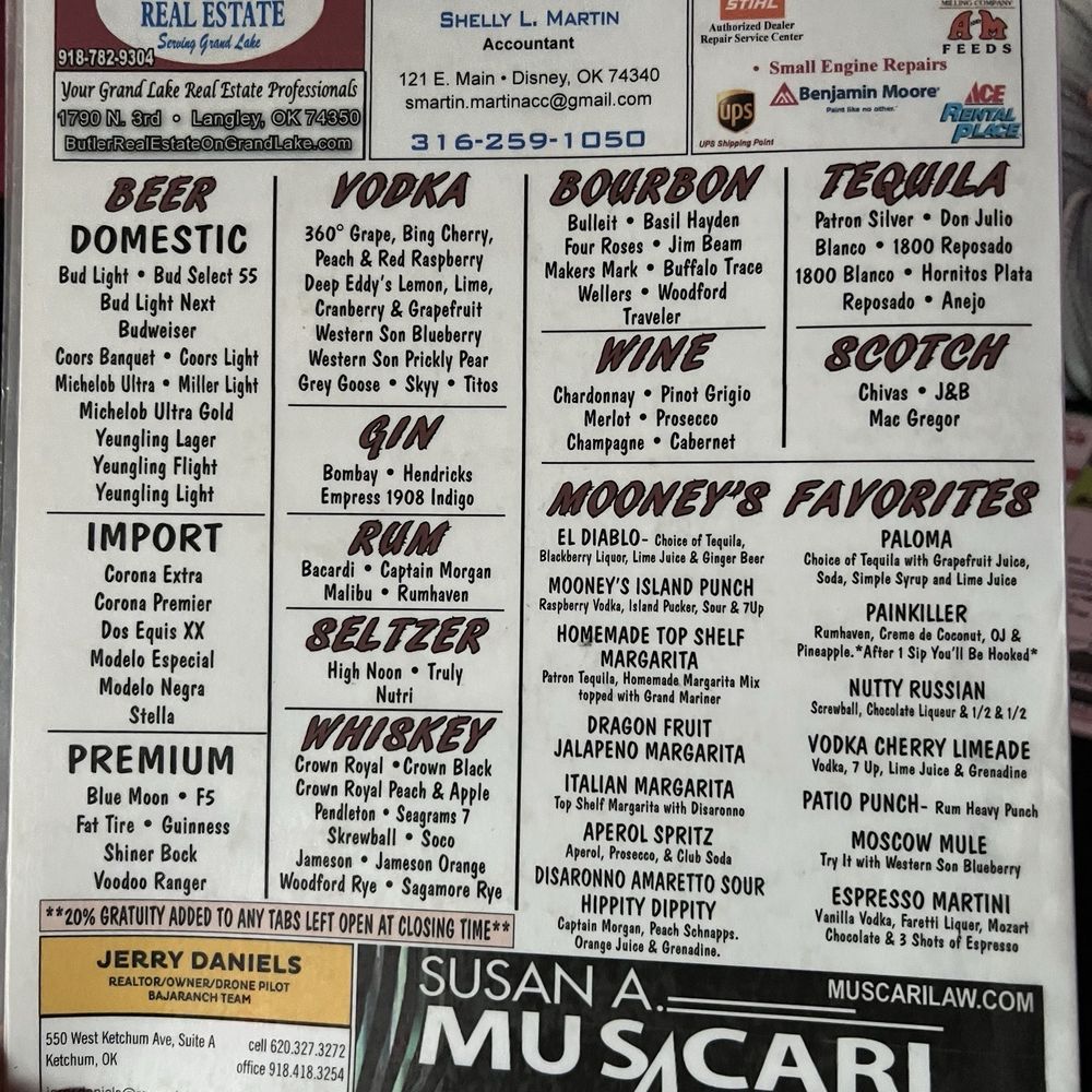 Mooney's Sunset Bar & Grill - Drink menu - Bars Near Me - Disney, Oklahoma Mooney's Sunset Bar & Grill - Drink menu - Bars Near Me - Disney, Oklahoma