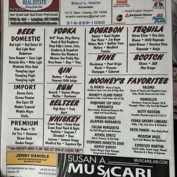 Mooney's Sunset Bar & Grill - Drink menu - Bars Near Me - Disney, Oklahoma Mooney's Sunset Bar & Grill - Drink menu - Bars Near Me - Disney, Oklahoma
