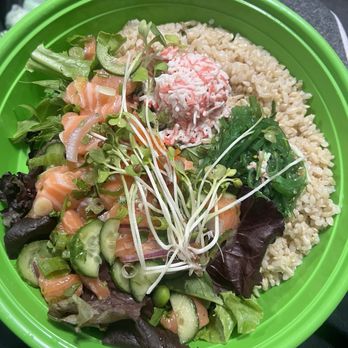 Ahipoki - $10 grand opening special promotion 2 scoop salmon bowl with half brown rice and half salad base. Their crabmeat is so good! - Hawaiian Near Me - Santa Fe Springs, California