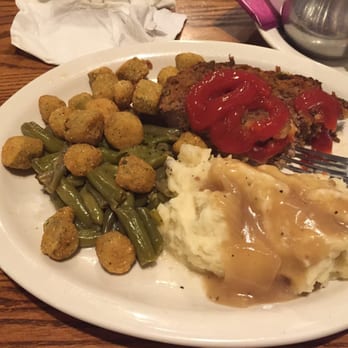 Cracker Barrel Old Country Store - Meatloaf, mashed potatoes with gravy, green beans & fried okra - Southern Near Me - Altoona, Pennsylvania Cracker Barrel Old Country Store - Meatloaf, mashed potatoes with gravy, green beans & fried okra - Southern Near Me - Altoona, Pennsylvania