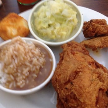 Cafe 209 - Fried chicken with cabbage, rice and gravy, and corn muffin - Cafes Near Me - Augusta, Georgia