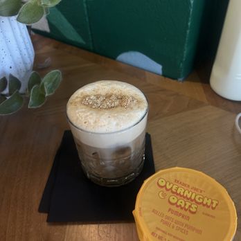 Trellis Coffee Bar - iced fall latte (they do not sell trader joe's overnight oats i brought those) - Coffee & Tea Near Me - Augusta, Georgia