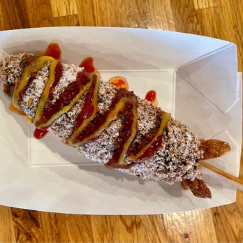 Oh K Dog & Egg Toast - Squid dog half & half rolled in sugar with gochujang, honey mustard - Sandwiches Near Me - Carrollton, Texas Oh K Dog & Egg Toast - Squid dog half & half rolled in sugar with gochujang, honey mustard - Sandwiches Near Me - Carrollton, Texas