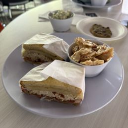 Tuna melt with side of pasta salad, delicious!