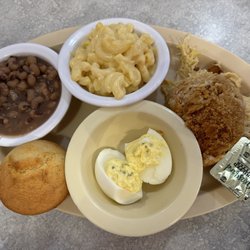 Pam’s Place - Chicken and dressing, deviled eggs, corn muffin, macaroni and cheese and black eyed peas