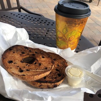 I Love Bagels - Chocolate chip bagel + butter & vanilla nut coffee. - Bagels Near Me - Dana Point, California