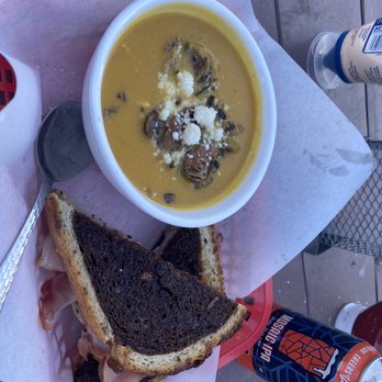 Lee Harvey's - Special grilled cheese with butternut squash soup topped with fried brussels! Yummy! - American Near Me - Dallas, Texas