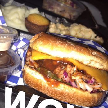 Ribs Against the Machine - Medium Sandwich with cheese. Sides are Mac and Cheese and Mashed Potatoes. Great!! - Barbeque Near Me - Burbank, California Ribs Against the Machine - Medium Sandwich with cheese. Sides are Mac and Cheese and Mashed Potatoes. Great!! - Barbeque Near Me - Burbank, California