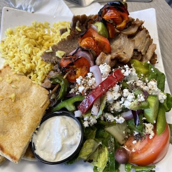 Pita Pitaki - Lamb and pork with salad, veggies, and rice - Greek Near Me - Long Beach, California Pita Pitaki - Lamb and pork with salad, veggies, and rice - Greek Near Me - Long Beach, California
