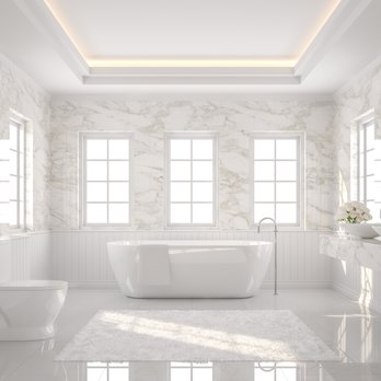 California Dream Builder - Porcelain tile walls + floors, American standard soaking tub, delta faucets, TOTO toilet, Coffered ceiling LED lighting, Provia windows - General Contractors Near Me - San Jose, California