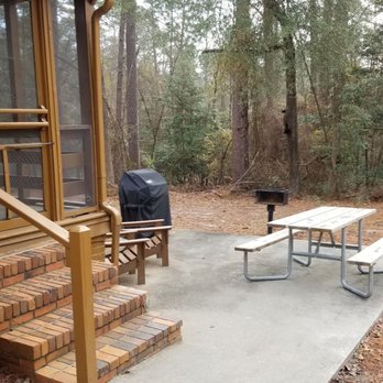 Cheraw State Park - Steps into cabin and view of the patio, which comes with table, gas grill, charcoal grill and two Adirondack chairs - Parks Near Me - Cheraw, South Carolina Cheraw State Park - Steps into cabin and view of the patio, which comes with table, gas grill, charcoal grill and two Adirondack chairs - Parks Near Me - Cheraw, South Carolina
