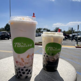 TBaar - L: Coconut Smoothie (comes with fruit jelly and boba) R: Green Milk Tea with grass jelly (and added boba) - Bubble Tea Near Me - Cerritos, California