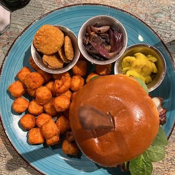 Settler's Table Bakery And Deli - Boss Burger with Sweet Potato Tots (fried pickles, mushrooms/onions, and banana peppers on side) - Desserts Near Me - Mesquite, Texas Settler's Table Bakery And Deli - Boss Burger with Sweet Potato Tots (fried pickles, mushrooms/onions, and banana peppers on side) - Desserts Near Me - Mesquite, Texas
