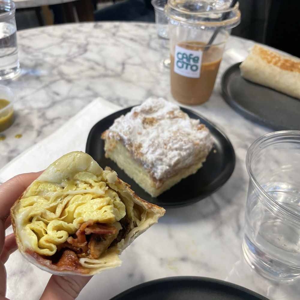 Breakfast Burrito and Crumb Cake