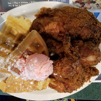 Metro Diner - Chicken and Waffles with strawberry butter. Oh yea, it's half of a chicken! - Diners Near Me - Pooler, Georgia Metro Diner - Chicken and Waffles with strawberry butter. Oh yea, it's half of a chicken! - Diners Near Me - Pooler, Georgia